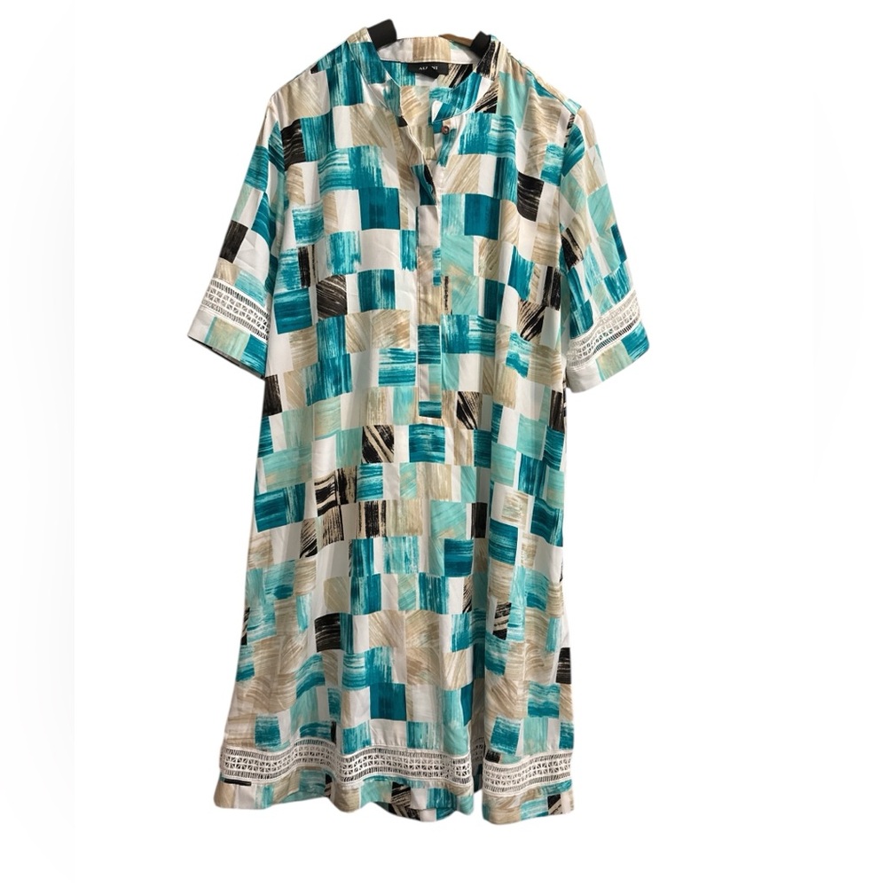 Alfani Geometric Print Button‎ Front Shirt Dress Teal Beige Black Size 14 Boho